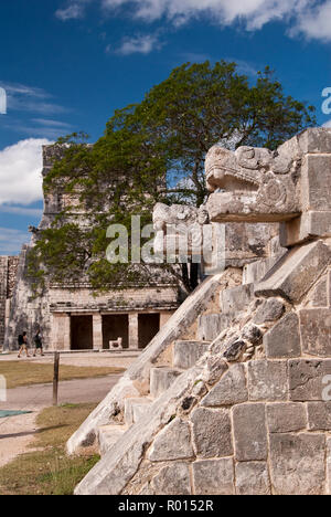 Schlange Köpfe schmücken die Treppen auf der Plattform der Venus, dem Planeten Venus, in Chichen Itza, Yucatan, Mexiko. Stockfoto