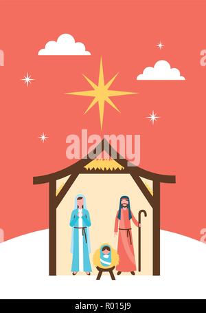 Krippe Epiphanie shooting star Wolken heilige Familie BABY born Vector Illustration Stock Vektor