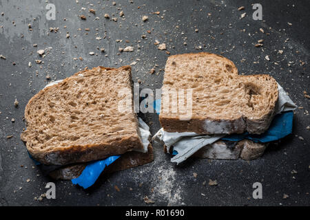 Ein vollkornbrot Sandwich mit Kunststoffabfällen. Stockfoto