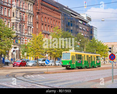 20. September 2018: Helsinki, Finnland - Straßenbahn in die Innenstadt. Stockfoto