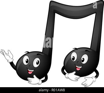 Abbildung: Schwarze Viertel Note Maskottchen verbunden und sprechen von einem Strahl Stockfoto
