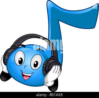 Abbildung: Eine blaue Achtel Maskottchen trägt einen schwarzen Kopfhörer Musik hören Stockfoto