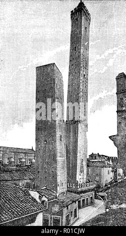 Vintage Gravur der beiden mittelalterlichen Türme von Bologna Italien, der Asinelli und Garisenda mehr Schiefen Turm, beide mit quadratischem Querschnitt Stockfoto