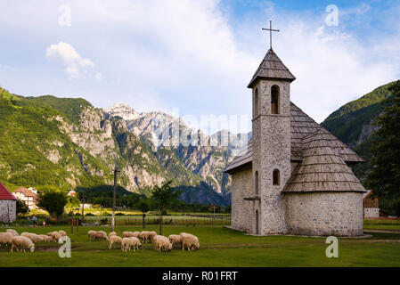 Herde von Schafen und die Katholische Kirche in Theth, Theth Nationalpark, Albanischen Alpen, Prokletije, qark Shkodra, Albanien Stockfoto