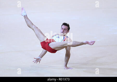 Doha, Katar. 31 Okt, 2018. Samuel Mikulak (USA) am Boden. GES/Turnen/Gymnastik Weltmeisterschaften in Doha, multi-Disziplin endg., 31.10.2018 - GES/Turnen/Gymnastik Weltmeisterschaften, Doha/Katar: 10/31/2018 - | Verwendung der weltweiten Kredit: dpa/Alamy leben Nachrichten Stockfoto