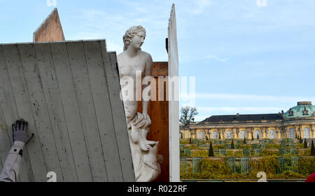 Potsdam, Deutschland. 01 Nov, 2018. Schreiner Haus die Skulpturen im Erdgeschoss vor dem Schloss Sanssouci. Die Skulpturen im Park sind daher vom Winter Einflüsse geschützt. Foto: Bernd Settnik/dpa-Zentralbild/dpa/Alamy leben Nachrichten Stockfoto