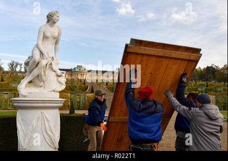 Potsdam, Deutschland. 01 Nov, 2018. Schreiner Haus die Skulpturen im Erdgeschoss vor dem Schloss Sanssouci. Die Skulpturen im Park sind daher vom Winter Einflüsse geschützt. Foto: Bernd Settnik/dpa-Zentralbild/dpa/Alamy leben Nachrichten Stockfoto