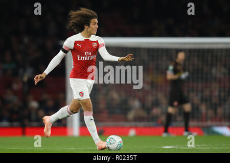 London, Großbritannien. 31 Okt, 2018. Matteo Guendouzi von Arsenal Arsenal v Blackpool, Carabao WM-Vierte Runde, Emirates Stadium, London (Holloway) - 31. Oktober 2018 STRENG REDAKTIONELLE NUR VERWENDEN - DataCo Regeln gelten - Die Verwendung dieses Bildes in einem kommerziellen Kontext streng verboten ist ohne ausdrückliche Genehmigung durch den Verein(e) erhalten hat. Beispiele für kommerzielle Nutzung beinhalten, sind aber nicht mit den Wetten und Spiele, Marketing und Werbung Produkte beschränkt. Keine Verwendung mit nicht autorisierten Audio-, Video-, Daten-, Spielpläne, Club und oder Liga Logos oder Dienstleistungen, einschließlich solcher, die als 'aufgeführt Stockfoto