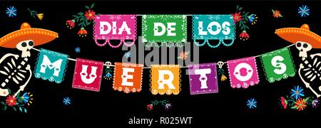 Tag der Toten Web Banner Abbildung in spanischer Sprache für traditionelle mexikanische Kultur urlaub Feier mit Zucker Schädel und bunten Papier f Stock Vektor