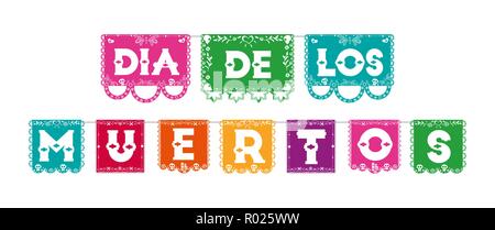 Tag der Toten Web Banner Abbildung in spanischer Sprache für traditionelle mexikanische Kultur Feier mit bunten Papier Flagge Typografie. Stock Vektor