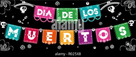 Tag der Toten Web Banner Abbildung in spanischer Sprache für traditionelle mexikanische Kultur urlaub Feier mit Zucker Schädel und bunten Papier f Stock Vektor