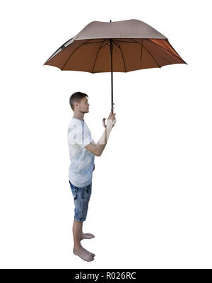 Seite View Full Length Portrait von Casual jungen Mann mit Regenschirm als Schutz isoliert auf weißem Hintergrund. Stockfoto
