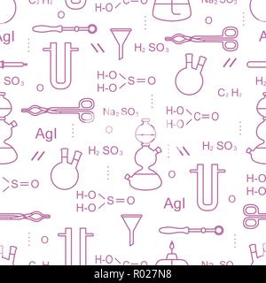 Wissenschaftliche Vektor nahtlose Muster mit Flaschen, Brenner, Trichter, Werkzeuge und Formeln. Bildung Elemente. Chemie, Biologie, Medizin. Stock Vektor