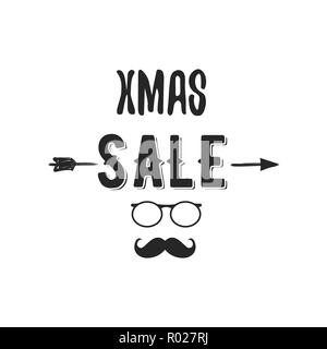 Weihnachten Verkauf Typografie Overlay mit Pfeil, Santa Brille und Bart. Weihnachten bieten Schriftzug Emblem. Urlaub Online und Offline shopping Typ Zitat. Vektor Illustration auf weißen isoliert Stock Vektor