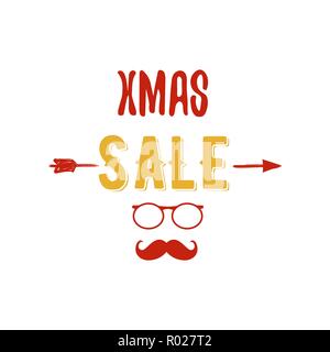 Weihnachten Verkauf Typografie Overlay mit Pfeil, Santa Brille und Bart. Weihnachten bieten Schriftzug Emblem. Urlaub Online und Offline shopping Typ Zitat. Vektor Farbe Abbildung: Weiß isoliert Stock Vektor