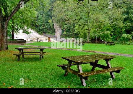 Öffentlicher Park mit Tischen unter den Bäumen durch Buttermilch fällt in der Buttermilch State Park in der Nähe von Ithaca NY, USA Stockfoto