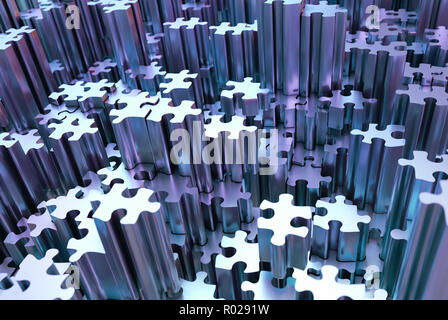 3D-Illustration abstrakt Hintergrund. Bild der Puzzleteile in chrom grau Metall. Stockfoto