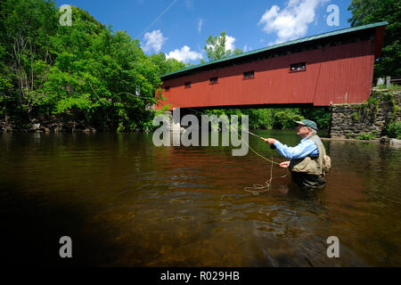Fliegenfischen, Battenkill Fluss, Rot Covered Bridge Road, Arlington, Vermont Stockfoto