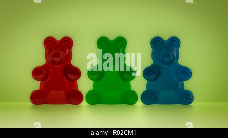Gummibärchen in den Farben Rot, Grün und Blau (3D-Rendering) Stockfoto