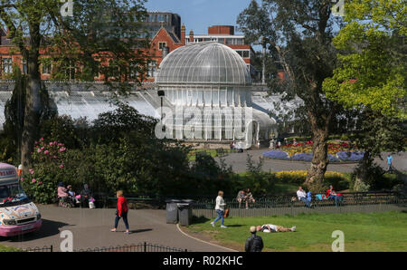 Blick durch Fenster, der Botanic Gardens Palm House und der Queen's University (Hintergrund), von der Innenseite des Rropical Schlucht in die Gärten. Stockfoto