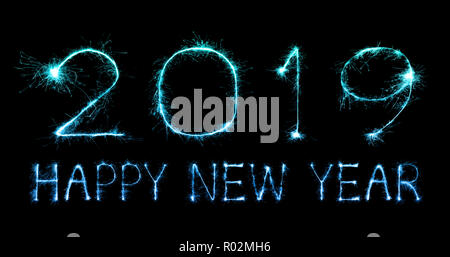 2019 Frohes neues Jahr geschrieben mit Schein Feuerwerk Stockfoto