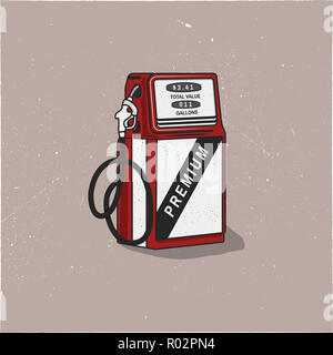 Vintage Tankstelle Pumpe Artwork. Retro Hand gezeichnet Design in distressed Style. Einzigartige Benzin pumpe Abbildung. Lager isoliert auf weißem Hintergrund Stockfoto