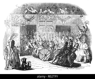 Die yule Log, Yule verstopfen, oder Weihnachten Block wurde eine speziell ausgewählte Protokoll auf dem Herd als Weihnachten Tradition im mittelalterlichen England verbrannt. Der Ursprung der Folk Custom ist unklar, aber die benutzerdefinierte kann letztendlich aus der germanischen Heidentum ableiten. Die yule Log wurde in das Herrenhaus von Bediensteten gezogen und auf dem Herd. Einmal angezündet, und die Einheimischen würde um das Feuer sitzen, essen, trinken und tanzen und Ghost Geschichten erzählen. Stockfoto