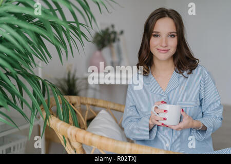 Bild der Frau mit angenehmen Erscheinungsbild, in Nacht Kostüm gekleidet, hält Tasse Kaffee oder Tee, stellt in einem der geräumigen Zimmer mit grüne Pflanze, rejoic Stockfoto