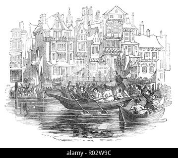 Wasser Quintain war ein populärer Sport war Teil einer Reihe von Lance Spiele, oft als Training für Ritterspiele, wo die Wettbewerber versuchen würde, ein Objekt mit seiner Lanze, Schwert oder eine sonstige Waffe zu schlagen. Die gemeinsame Objekt wurde ein Schild oder Board auf einem Pfosten (üblicherweise, verwirrend, als "quintain"), obwohl ein Mannequin manchmal verwendet wurde. Während das Spiel war offen für alle, und beliebt bei jungen Männern aller Klassen, könnte das Spiel zu Pferd, zu Fuß gespielt werden, mit einem hölzernen Pferd oder auf dem Boot. Stockfoto