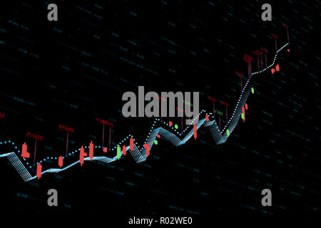 3D-Rendering, Aktienchart mit schwarzem Hintergrund Stockfoto