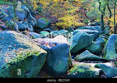 Glitzern und schroffe Felsen im Burbage Bach, padley Schlucht Wälder, in der Nähe von Grindleford, Derbyshire. Stockfoto