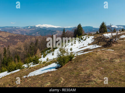 Der frühe Frühling Karpaten plateau Landschaft mit schneebedeckten Grat tops in weit, Ukraine. Stockfoto