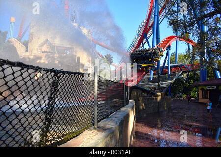 Tampa, Florida. Oktober 25, 2018. Erstaunlich Splashdown in Sheikra Achterbahn in Busch Gardens Tampa Bay Stockfoto
