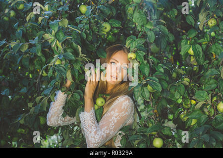 Portrait der junge schöne Mädchen in weißen Spitzenkleid in Apple, Garten, in der Baumkrone Stockfoto