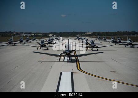 T-6 Texan IIs aus der Flugausbildung 559th Squadron und der 39 FTS nahm an einem "Elephant Walk" Oktober 26, 2018, Joint Base San Antonio-Randolph, Texas. Ein Elephant Walk ist allgemein als "Erscheinen der Kraft, "aber die Staffeln hier genannt in Verbindung mit ihrem Erbe zu erhalten. Die übung war eine so genannte "Ziege Trab/Schlange Slither" als 559Th sind die Kämpfe Billy Ziegen und das 39 sind die KOBRAS. Stockfoto