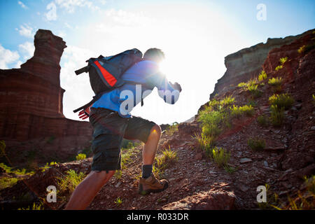 Energische junge Menschen wandern in der Schlucht. Stockfoto