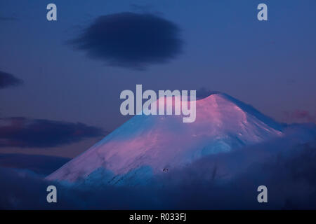 Alpenglühen auf Mt Ngauruhoe bei Sonnenuntergang, Tongariro National Park, Central Plateau, North Island, Neuseeland Stockfoto