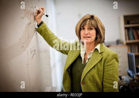 Porträt einer Mitte - Erwachsene Lehrerin Schreiben in eine Tafel in einer Schule. Stockfoto