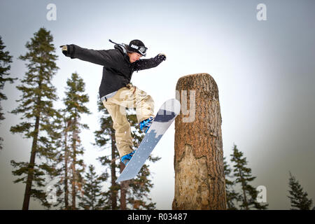 Junger Mann neben einem großen Baumstamm auf seinem Snowboard springen. Stockfoto