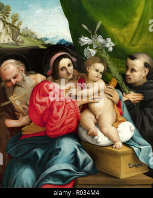 Lorenzo Lotto, die Jungfrau mit Kind und den Heiligen Hieronymus und Nikolaus von Tolentino 1522 Öl auf Leinwand, National Gallery, London, England. Stockfoto