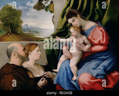 Lorenzo Lotto, Madonna mit Kind und zwei Spender, ca. 1525-1530, Öl auf Leinwand, die J. Paul Getty Museum, Los Angeles, USA. Stockfoto