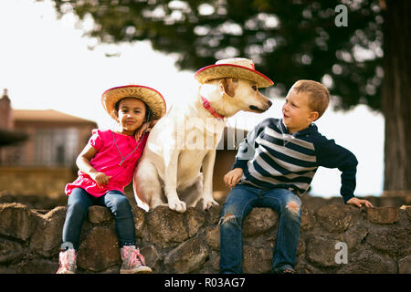 Jungen und Mädchen sitzen auf einer Mauer mit einem Hund trägt einen Cowboyhut. Stockfoto