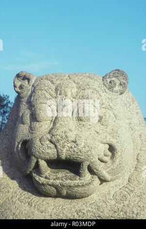 Lion face Statue, Shore Tempel, Mamallapuram, Tamil Nadu, Indien, Asien Stockfoto