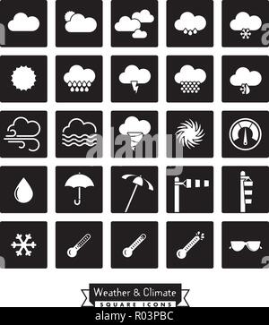 Sammlung von Wetter und Klima in Verbindung stehende quadratische schwarze Vector Icons Stock Vektor