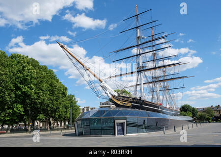 Die Cutty Sark, historischen britischen clipper Schiff, im permanenten Trockendock in Greenwich, London, England, Großbritannien Stockfoto