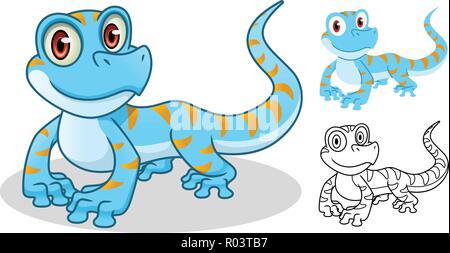 Gecko Zeichentrickfigur Maskottchen Design, einschließlich Flachbild- und Line Art Design, auf weißem Hintergrund, vector clip art Illustration. Stock Vektor