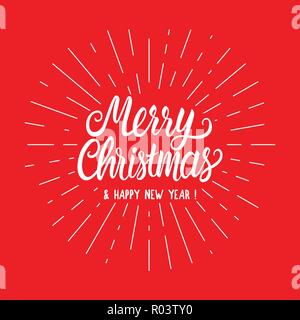 Inschrift Handschrift Schriftzug Frohe Weihnachten Karte mit Vintage strahlen Hand zeichnen. Vector Illustration auf roten Hintergrund isoliert. Stock Vektor