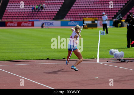 TAMPERE, Finnland, 10. Juli: ELINA Kinnunen aus Finnland auf der Javelin Veranstaltung werfen in der IAAF World U20 Meisterschaft in Tampere, Finnland 10. Juli, 20. Stockfoto