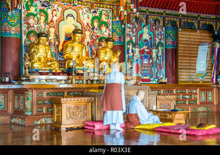 Buddhistische Mönche führen Gebete bei haedong Yonggungsa Tempel, ein buddhistischer Tempel in Busan, Südkorea. Stockfoto