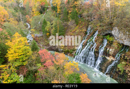 Schöne Shirahige Wasserfall und bunten Baum im Herbst, Biei, Hokkaido, Japan Stockfoto